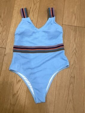 Cupshe- Light Blue One-Piece Swimsuit with Striped Elastic Trim